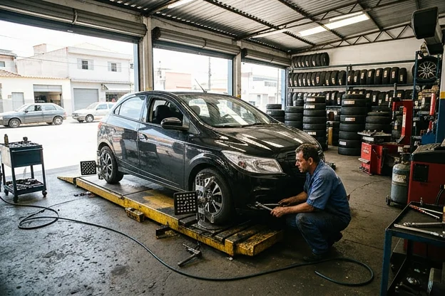 Carro em processo de alinhamento de rodas em uma borracharia em Itaquaquecetuba.