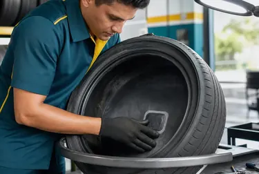 Mecânico consertando um pneu em um local de borracharia em Itaquaquecetuba.