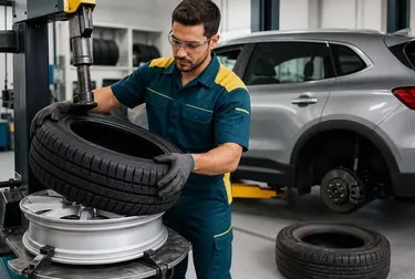 Profissional trocando um pneu em uma borracharia em Itaquaquecetuba.