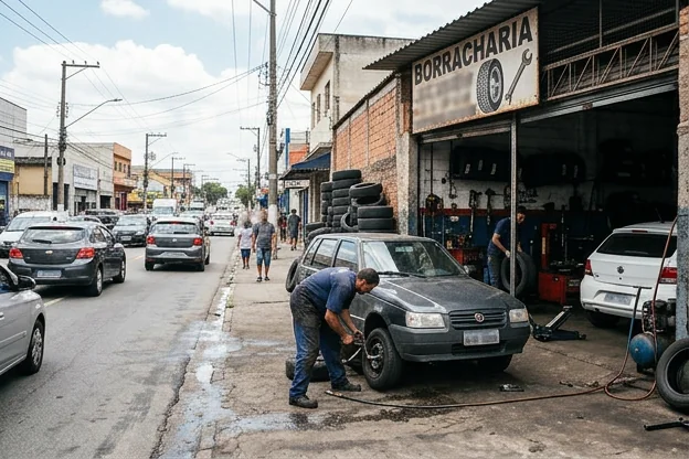 Rua movimentada em Itaquaquecetuba com carros destacando a importância de pneus bem cuidados.